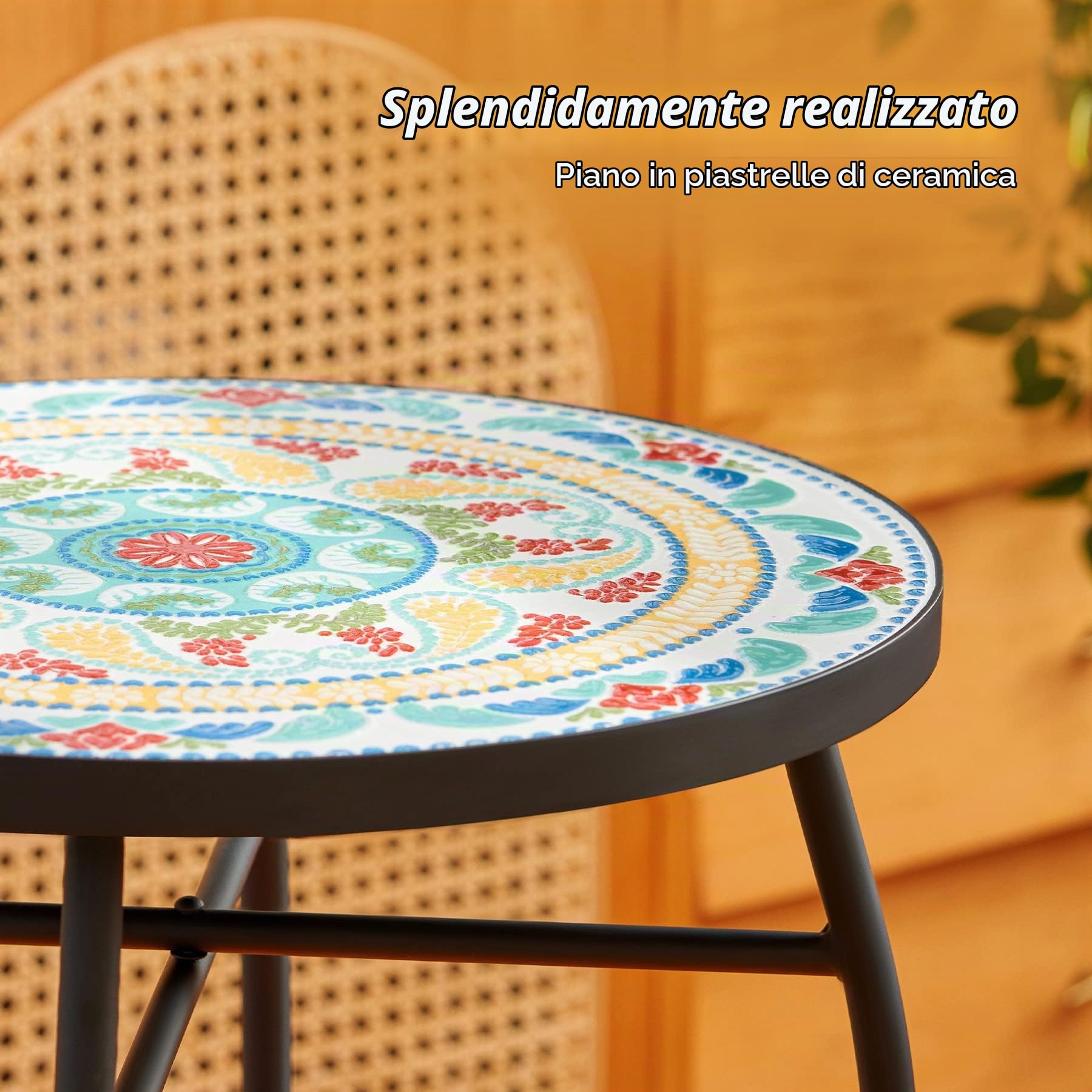 VONLUCE Tavolino Rotondo da Giardino, Supporto per Piante, Tavolo Mosaico con Piano in Piastrelle di Ceramica da 35,5 cm, Mobili da Esterno, Tavolino da Caffè per Casa e Giardino (Multicolore)