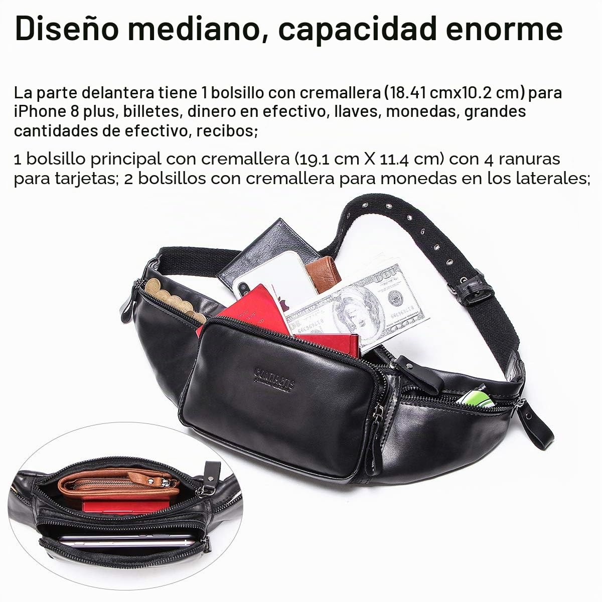 Contacts Riñonera cruzada de piel auténtica para teléfono, Black, Talla única, Correa de tobillo