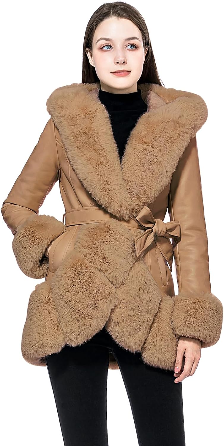 GRAN ORIENTE Women's Faux Leather Coat with Faux Fur Collar,Winter Warm Belted Mid Length Trim Jacket Fur Lined with Hood - Image 2