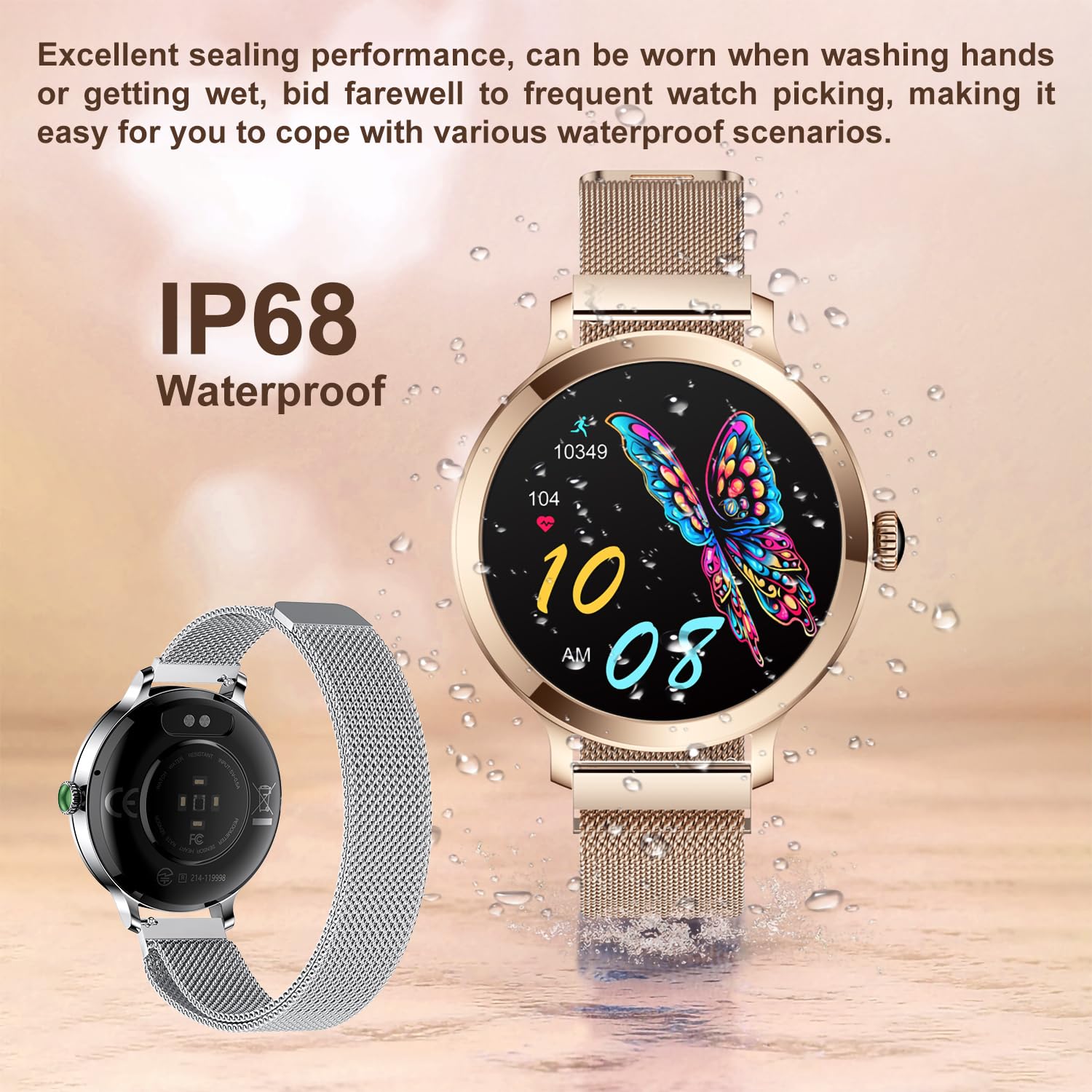 Smartwatch für Frauen mit Bluetooth-Anruf, Fitness-Tracker wasserdicht Herzfrequenz Blutdruck Blutsauerstoff (Gold)