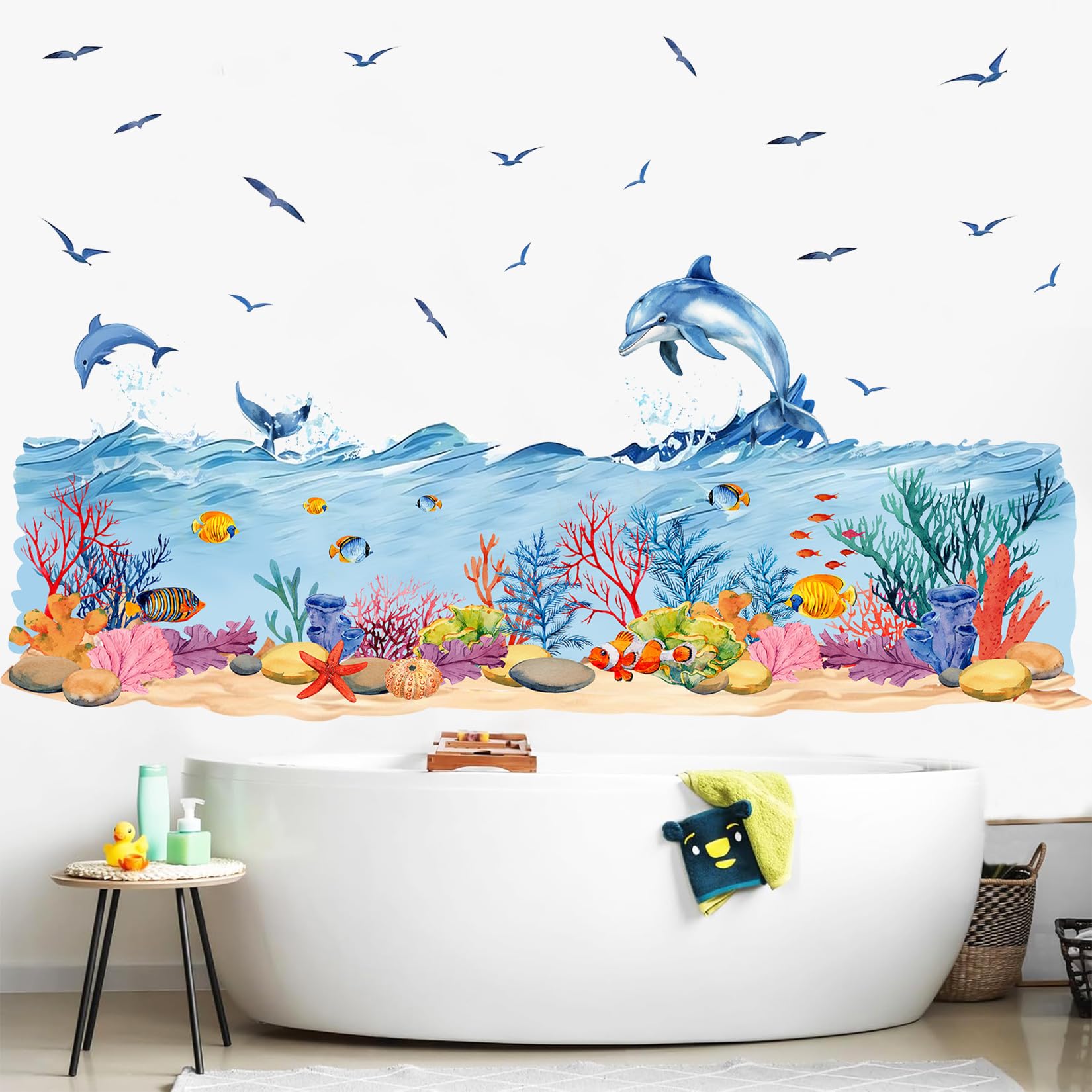 ANHUIB Under the Sea Wall Stickers 3D Underwater Wall Stickers for Kid Bedroom Bathroom Sticker for Wall Waterproof Fish Ocean Wave Seagull Dolphin Wall Decal for Kids Room Nursery Bath Playroom Decor