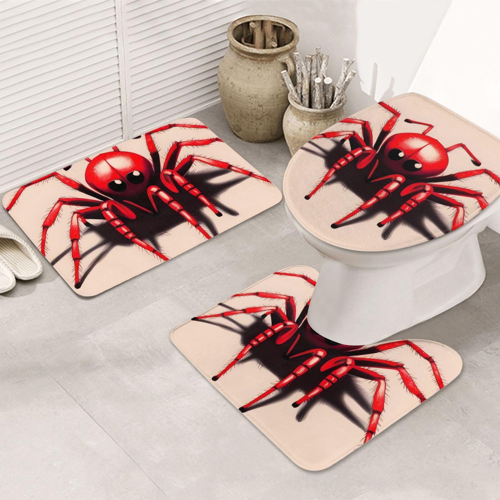Tapis de salle de bain BONDIJ lot de 3 avec contour WC en flanelle motif araignée rouge