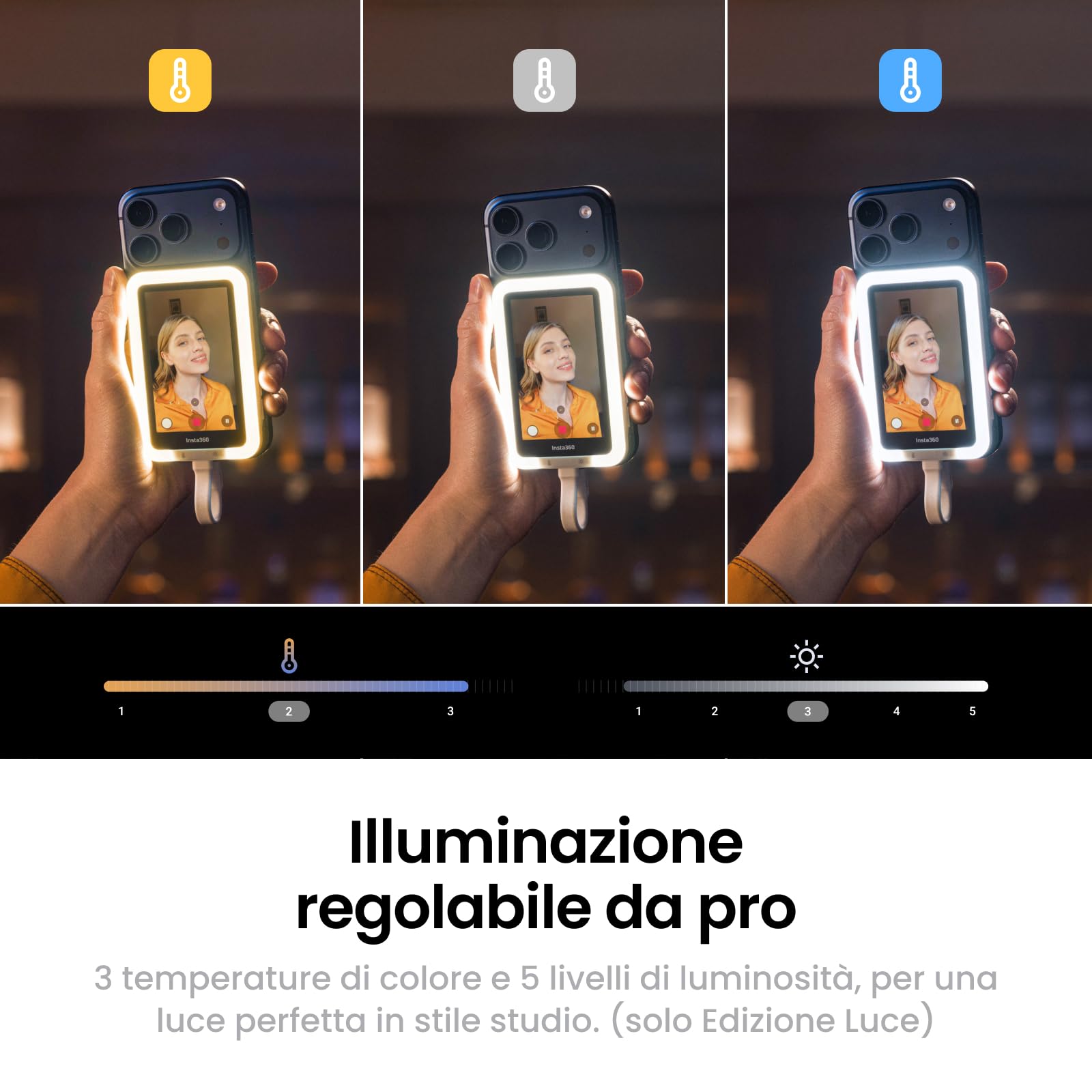 Insta360 Snap Schermo per selfie con luce - Schermo 4K magnetico ideale per selfie e vlogging, compatibile con iPhone 15/16/17 Pro, luce regolabile, controllo touchscreen, collegamento immediato