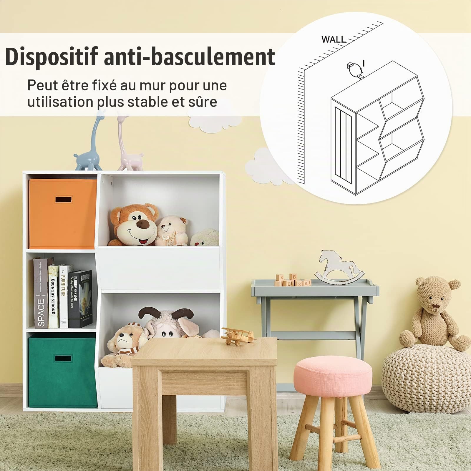 DREAMADE Bibliothèque d'angle Enfant à 3 Niveaux Meuble de Rangement Garçon et Fille avec Tiroirs en Tissu,Dispositif Anti-basculement Étagère pour Jouets,Livres,Chambre,Salon (Blanc, 5 Casiers)