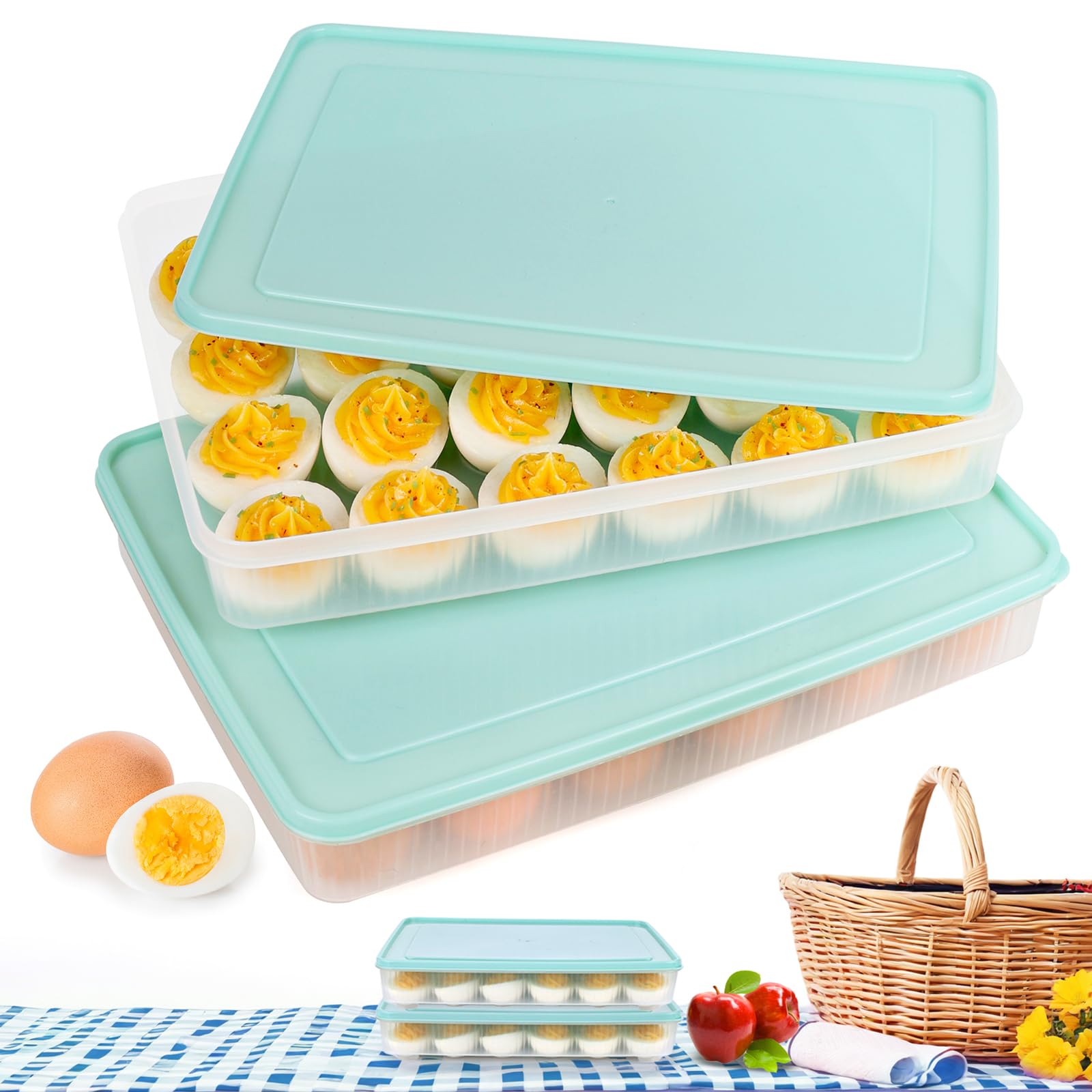 Recipientes para huevos con tapa, paquete de 2 bandejas portátiles para huevos con 48 agujeros para festivales, fiestas, hogar, cocina, refrigerador, suministros apilables