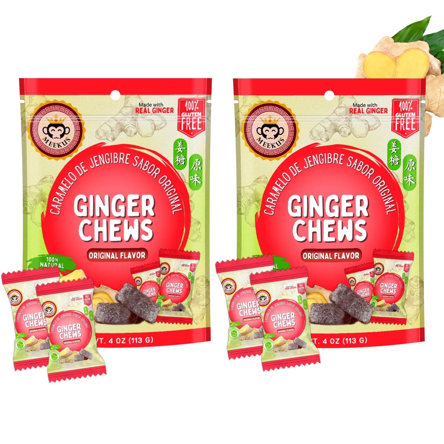 MEEKUSGinger Chews - Natural Ginger Candy Chews for a Delightful Taste Sensation, Real Natural Ginger, No Artificial Flavors - Invigorating Snack for All Ages, Original Flavor 4oz Bag (Pack of 2)