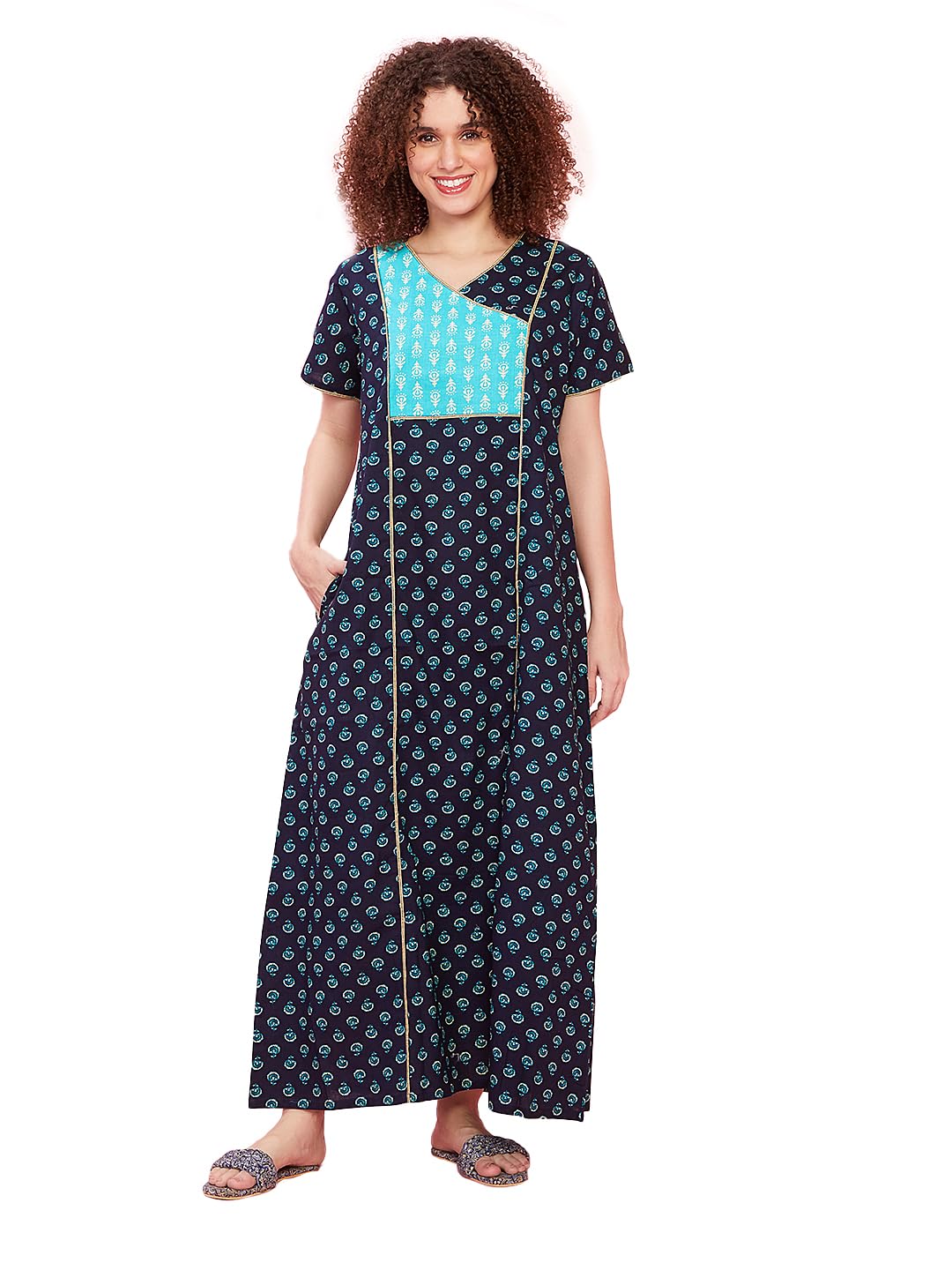 evolove Cotton Nighty Maxi for Women with Side Pockets | Quarter Sleeves Full Ankle Length Night Wear-picture-4