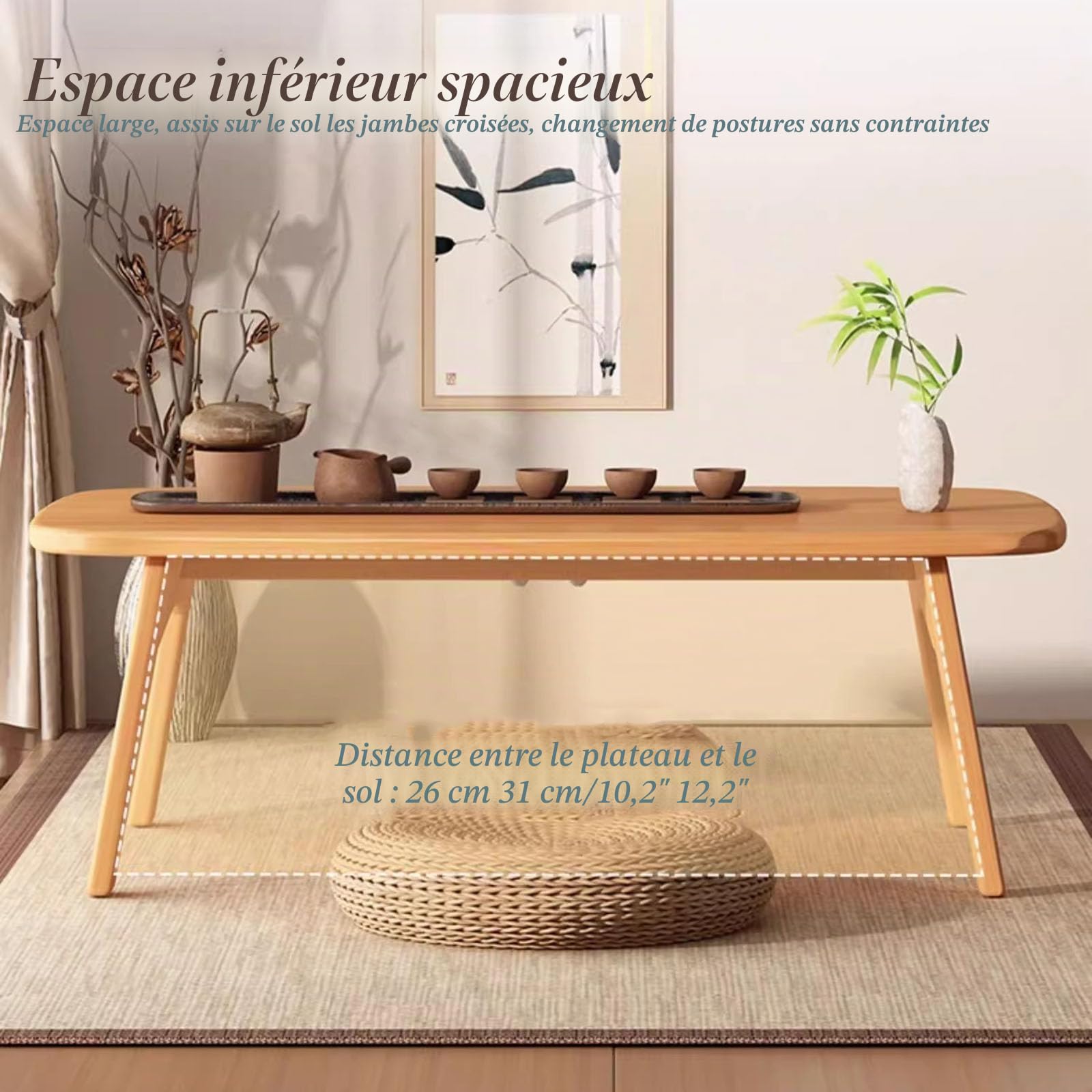 Table Basse Pliante Japonaise en Bambou, Table Portable et Pliable, Table Tatami Kotatsu, Table Basse pour s'asseoir au Sol, Meuble Japonais (80 x 40 x 31 cm, Naturel)