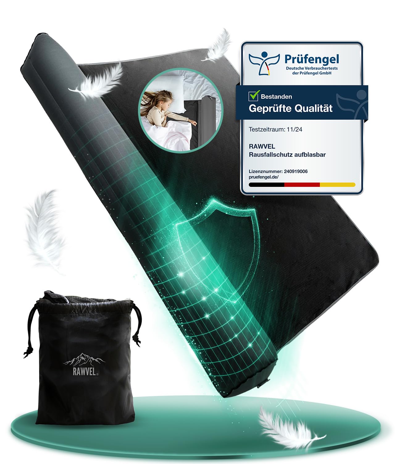 RAWVEL® Rausfallschutz aufblasbar 130cm Light - [NEU 2025] - passend für alle Betten Zuhause & auf Reisen - Rausfallschutz Bett Reise BPA Frei & Laborgeprüft - Rausfallschutz Boxspringbett (1er Set)