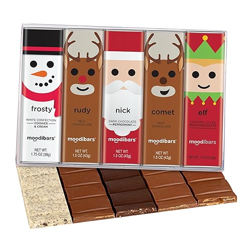 Vista 3 de MoodiBars by ASTOR - Paquete de regalo variado de chocolate navideño de 5 barras, leche envuelta individualmente, oscuro, blanco, menta, caramelo