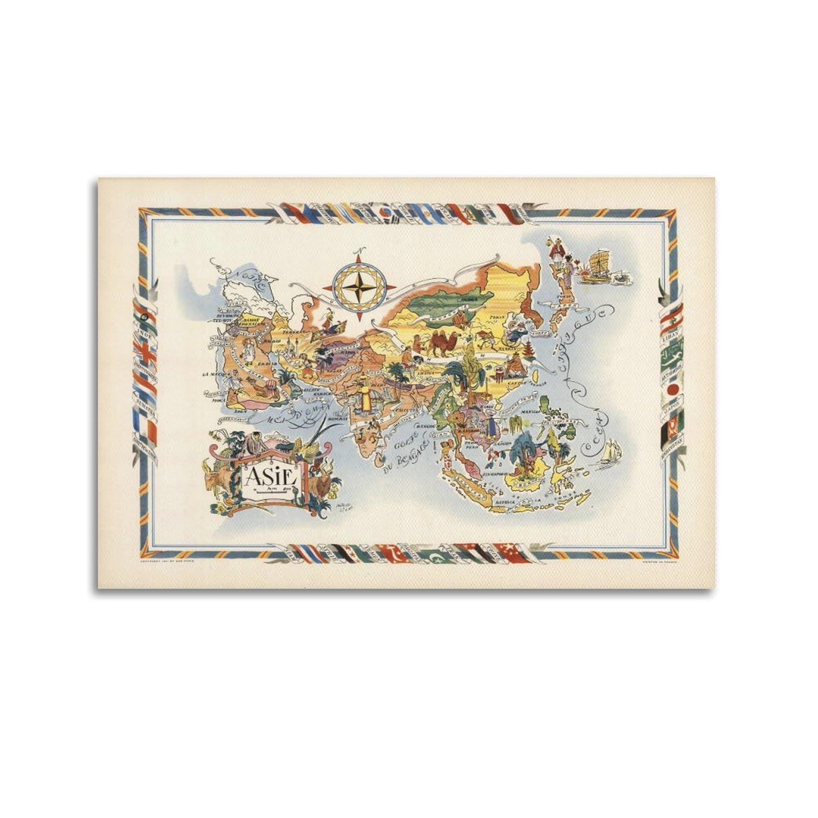OKAHYS Vintage Travel Poster 1951 Map of Asia Decorative Painting Canvas Wall Artworks Picture 20x30inch(50x75cm)