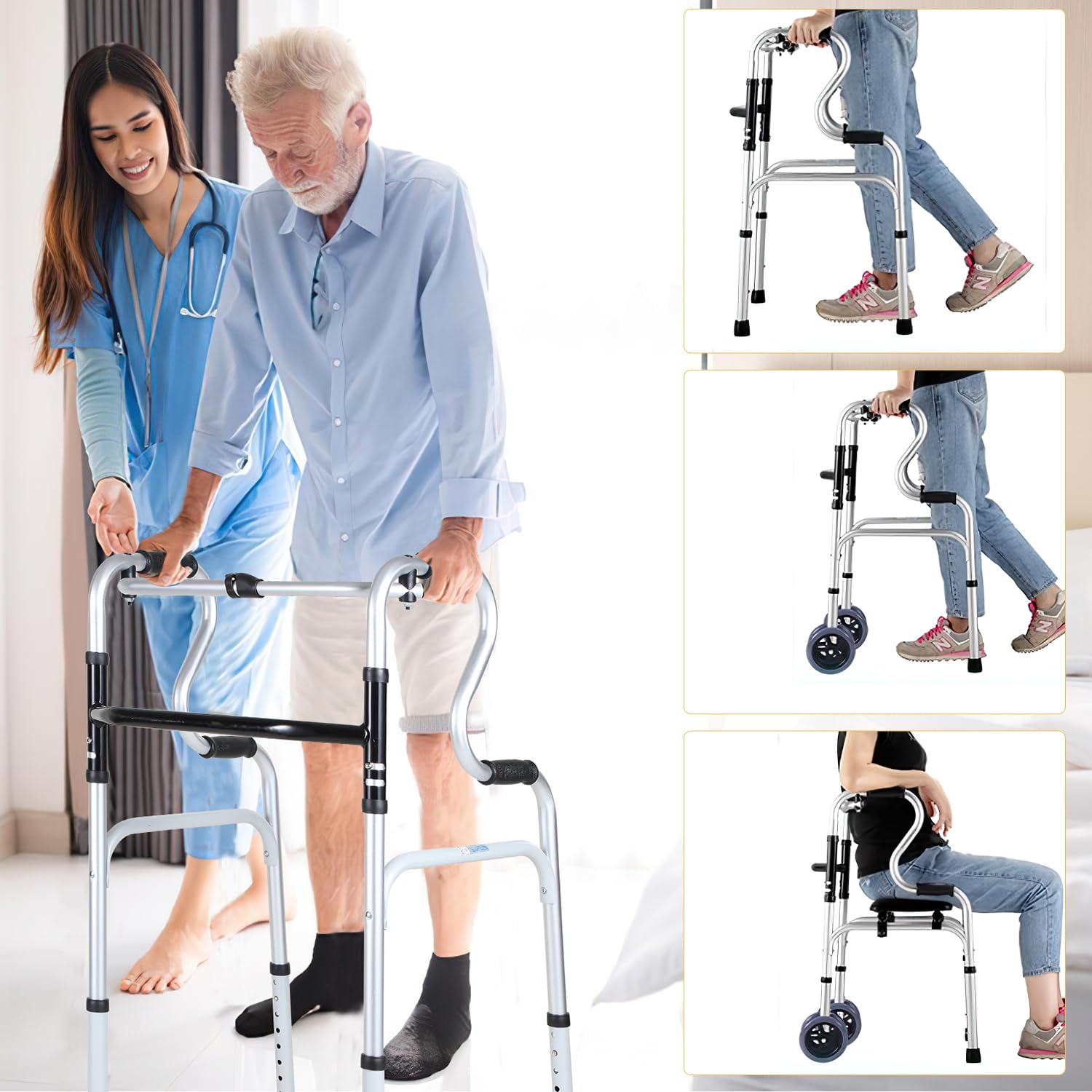 Deambulatore pieghevole 2 ruote girevoli, supporto camminare, regolabile altezza, alluminio, antiscivolo, stabile, fino a 180 kg, argento