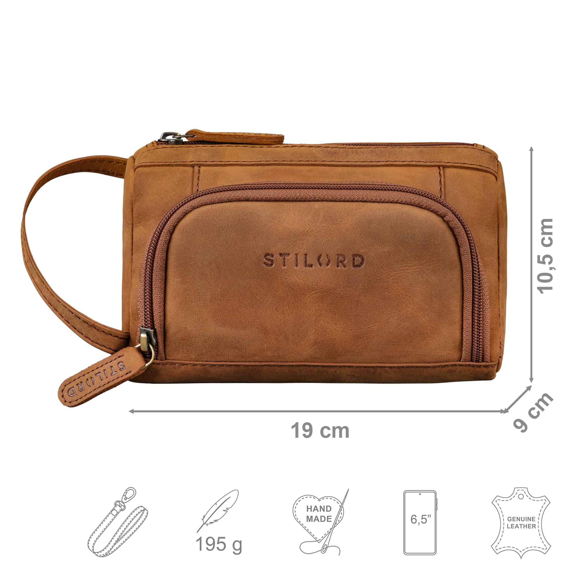 STILORD 'Tony' Vintage Large Pencil Case Pouch Bag Leather Pen Holder Big Pen Case with Zipper Aesthetic Pencil Holder Cosmetic Case Genuine Leather, Colour:tan - Dark Brown - Image 2