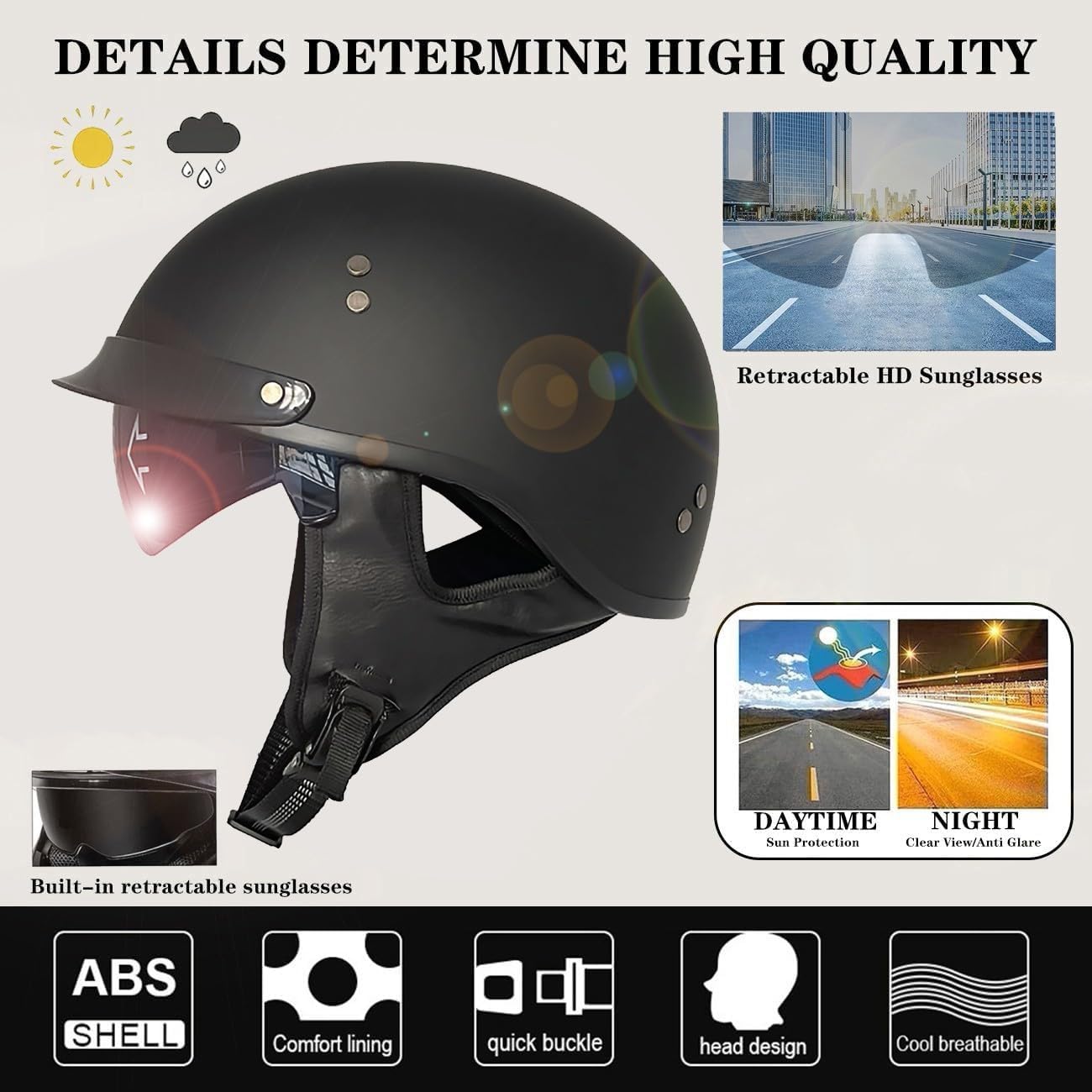 Casque de Moto Vintage Demi-Casque Moto Ouvert Casque Jet Rétro Casque Bol avec Visière Homologué ECE Léger Casque Scooter Cyclomoteur pour Adulte Hommes et Femmes