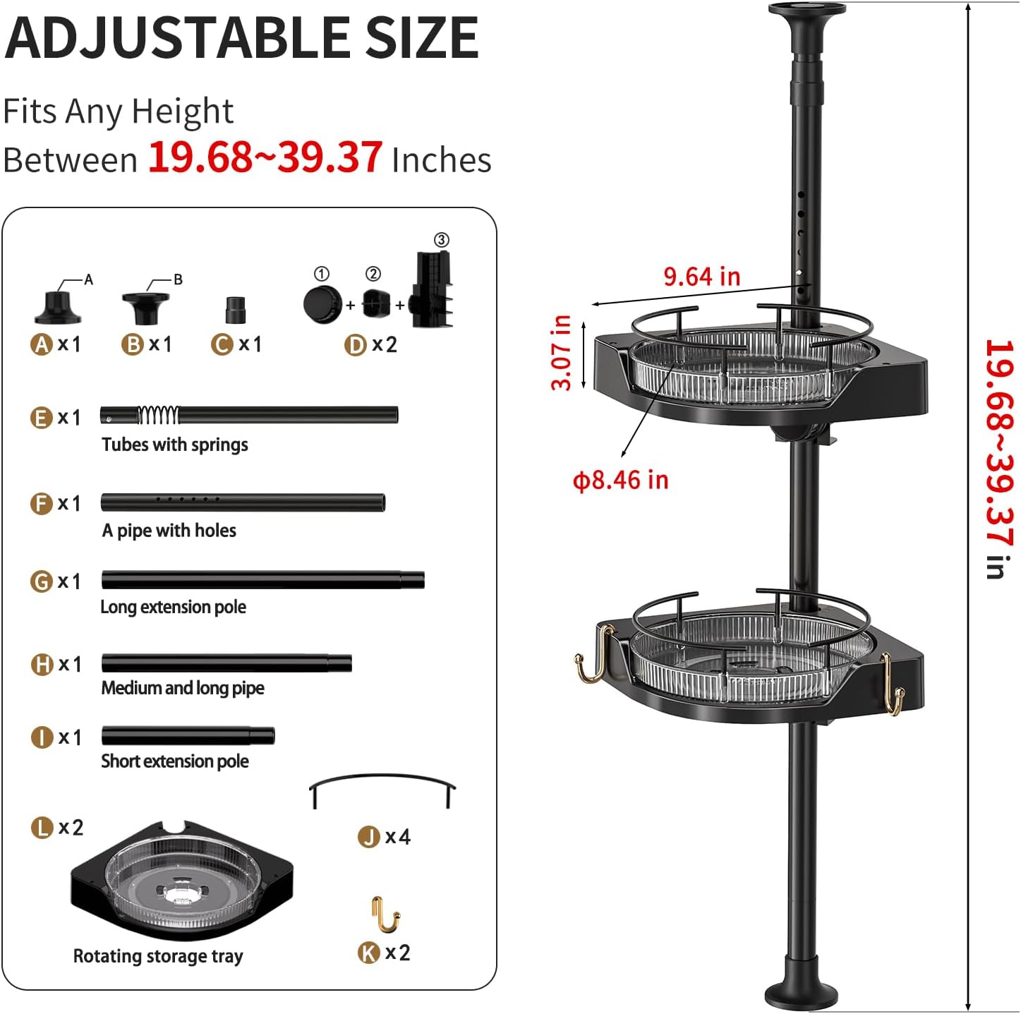 standing spice rack organizer, counter corner double tier lazy susan, height adjustable 360 rotating storage rack with hooks for kitchen & bathroom corners (black)