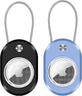 Vrebrey 4-Pack Airtag Holder with Cable Lock – Waterproof Anti-Lost Case for Apple Airtag & Moto Tag, Luggage Tag, Pet Collar, Backpack, Keys with Name ID Slot for Travel (1black1blue)