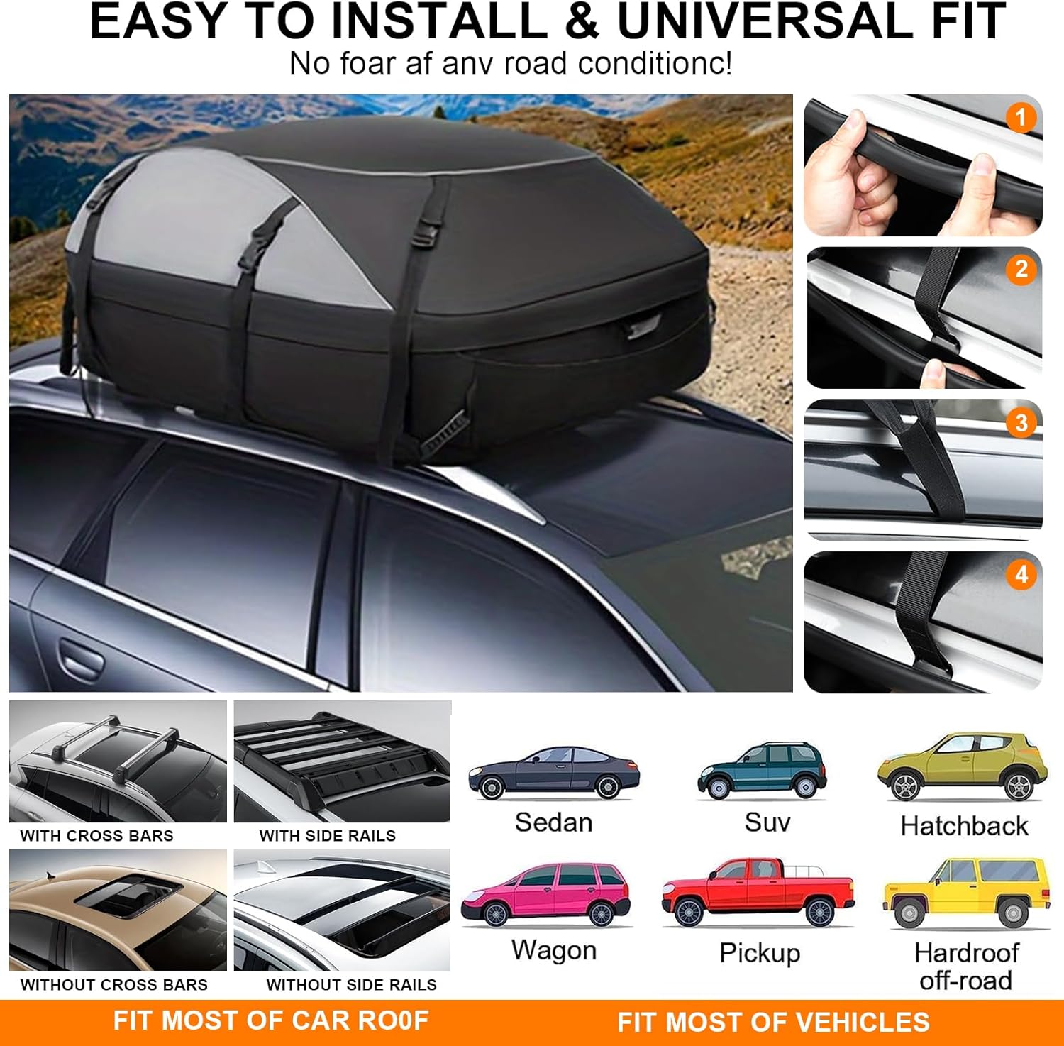 25 Cubic Ft 1000D Waterproof Vehicle Soft-Shell Carriers for Cars with/Without Luggage Rack, Car Roof Bag with Combination Lock, 6 Door Hooks, Reinforced Strap,Storage Bag