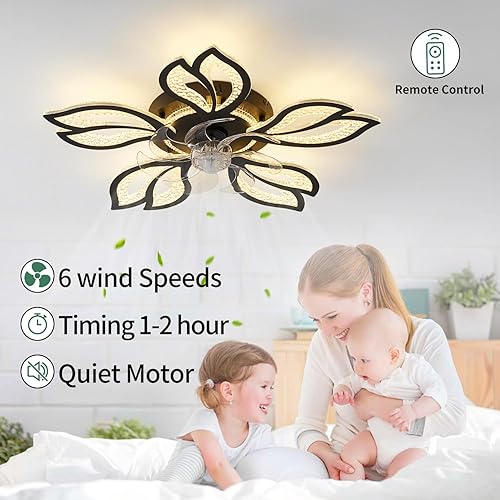 Miniatura 4 de Ventilador de techo geométrico con luz, negro, 26', 3000K-6000K, control remoto, perfil bajo, para dormitorio