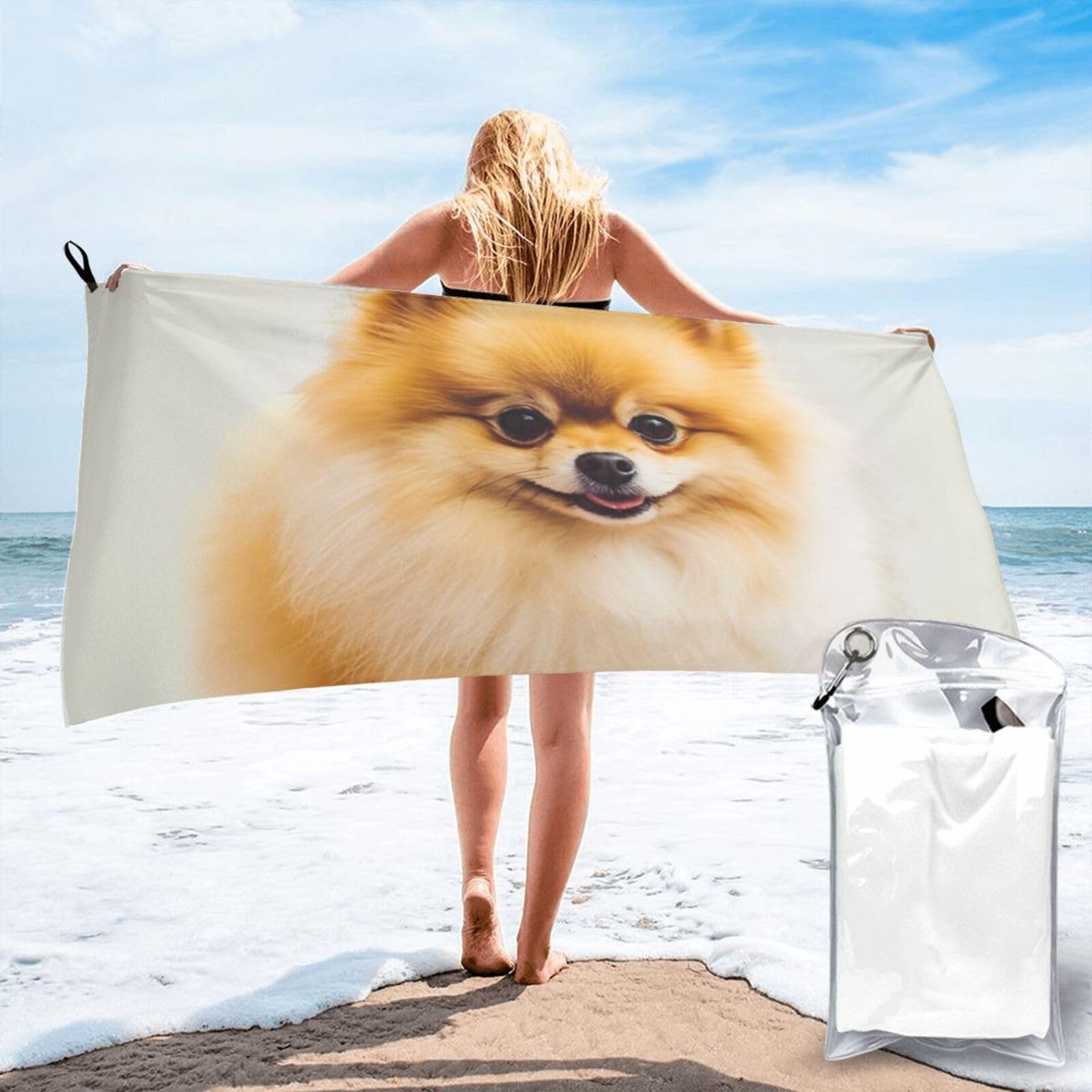 DWVTSLH Microfiber Sand Free Beach Towel 27.5"x55", Quick Dry Absorbent Travel Towel Large Camping Blanket, Yellow Pomeranian Bath Towels Lightweight Pool Swim Towels for Vacation Essentials