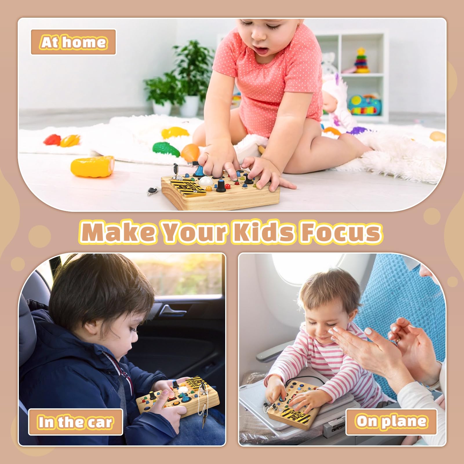 Joyreal Planche Busy Board, Jouet Montessori en Bois avec 19 LED, Jouet Bebe 1 2 3 Ans, Tableau Montessori Activity Board, Motricité Bébé Jouet éducatif Sensoriel pour Garçons Filles