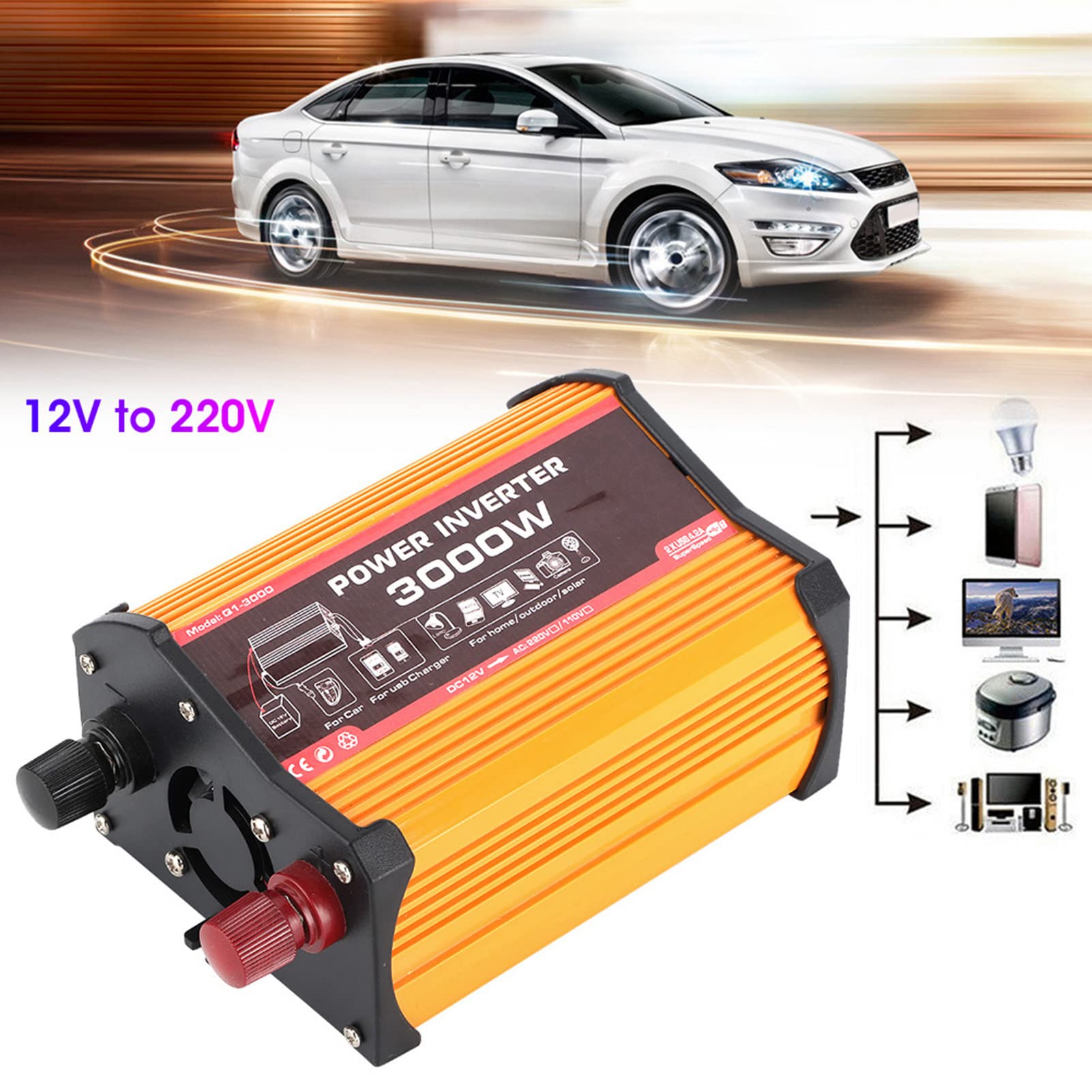 Inversor de Coche Qiilu, inversor de Coche USB Dual Convertidor de Potencia automático Adaptador de Onda sinusoidal modificada de 300 W (12 V a 220 V)
