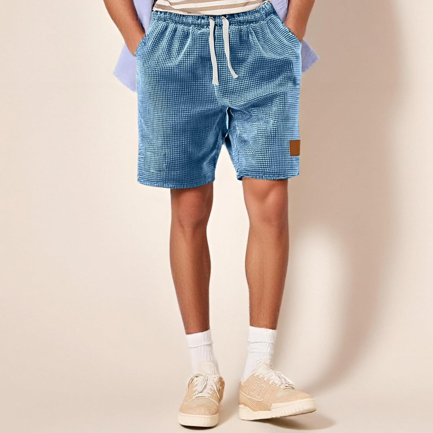 Hawyet Waffle Shorts for Men Elastic Waist Drawstring Summer Casual Beach Shorts Jacquard Fabric Streetwear Trunks