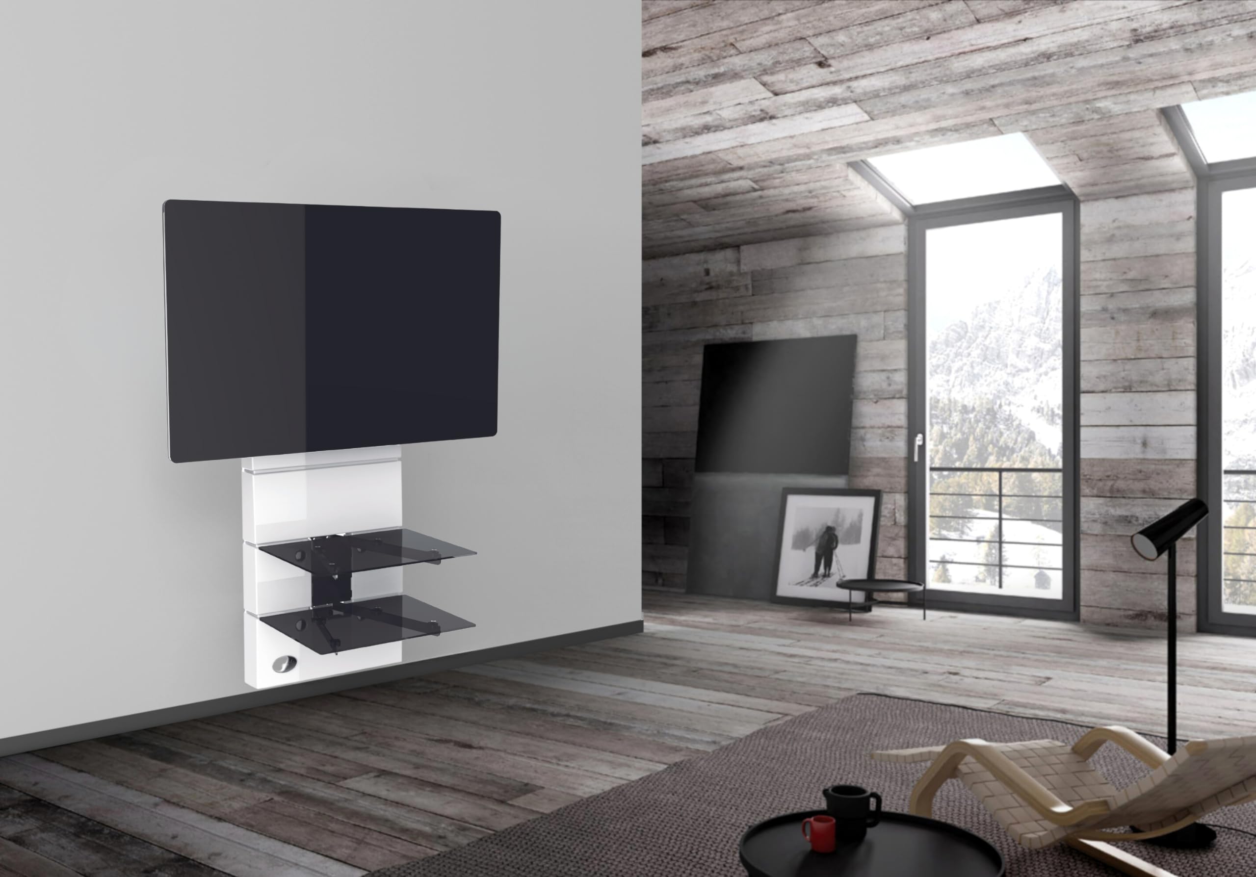 Meliconi Ghost Design 3000 Rotation Supporto Doppio Braccio Orientabile per TV da 32" a 70" con Mensole in Vetro Temperato, Bianco