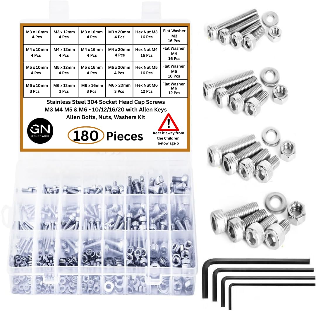 Allen Bolt & Nut and Washer Set All Size - Stainless Steel SS304 | Allen Bolt, Allen Screws and Nuts | M3, M4, M5, M6 | Socket Head Cap Screws, Nuts, Washers & Allen Key Kit (Pack of180)-image-25