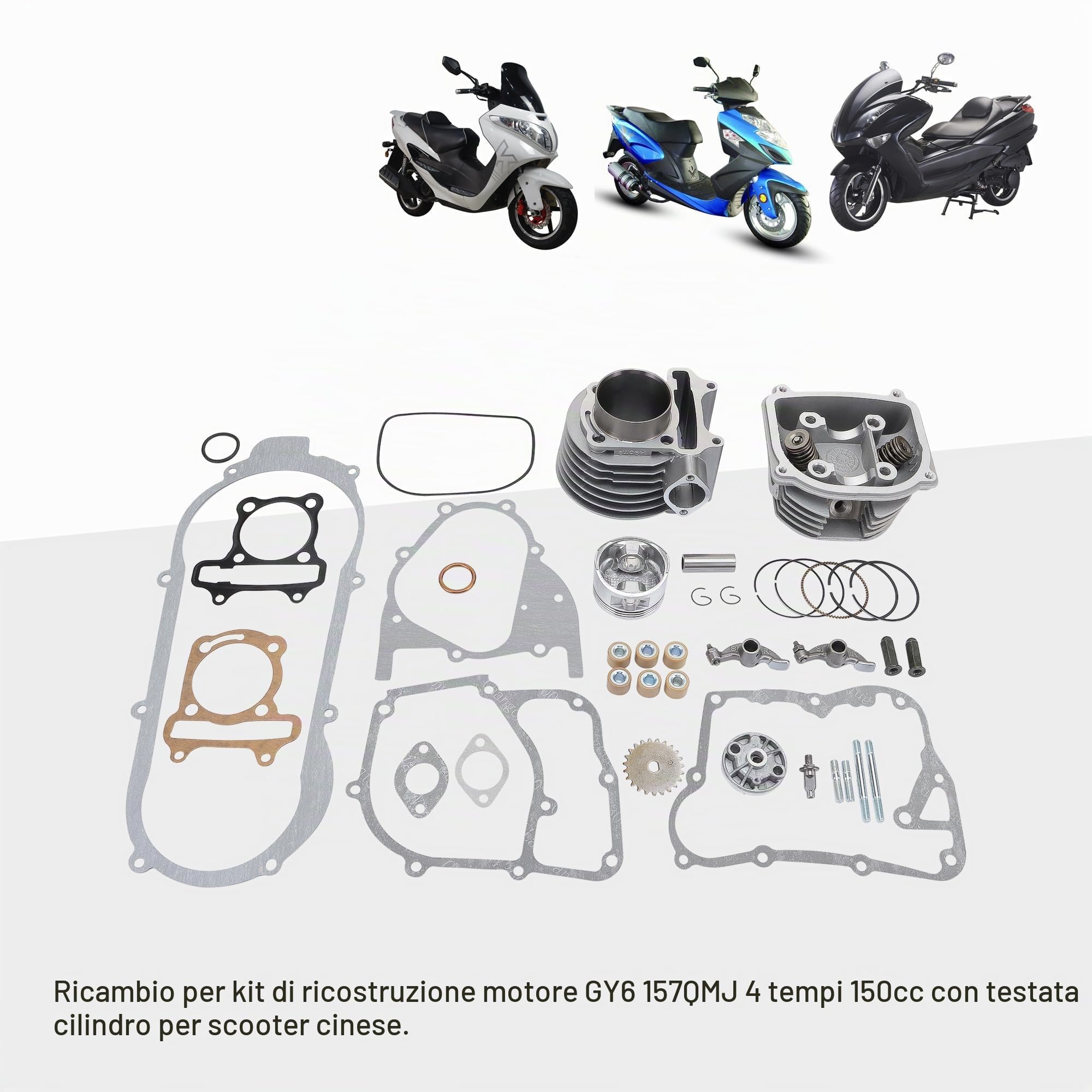 GOOFIT 57,4 mm Cilindro Motore Testine Cilindriche Guarnizioni Guarnizioni Pistone Kit GY6 4 Hub 125cc 150cc 150cc 157QMJ 152QMI Big Bore Kit Di Ricostruzione Testa Cilindro Sostituzione Per Taotao Quads Gokarts Moto Testa Scooter Cinese