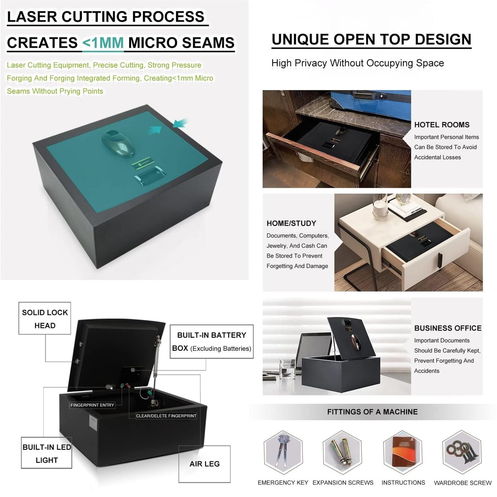 Caja fuerte ignífuga, caja fuerte de alta seguridad con indicadores de luz LED, pernos de bloqueo de acero, diseño de apertura superior para escritorio o cajón, solución de almacenamiento segura