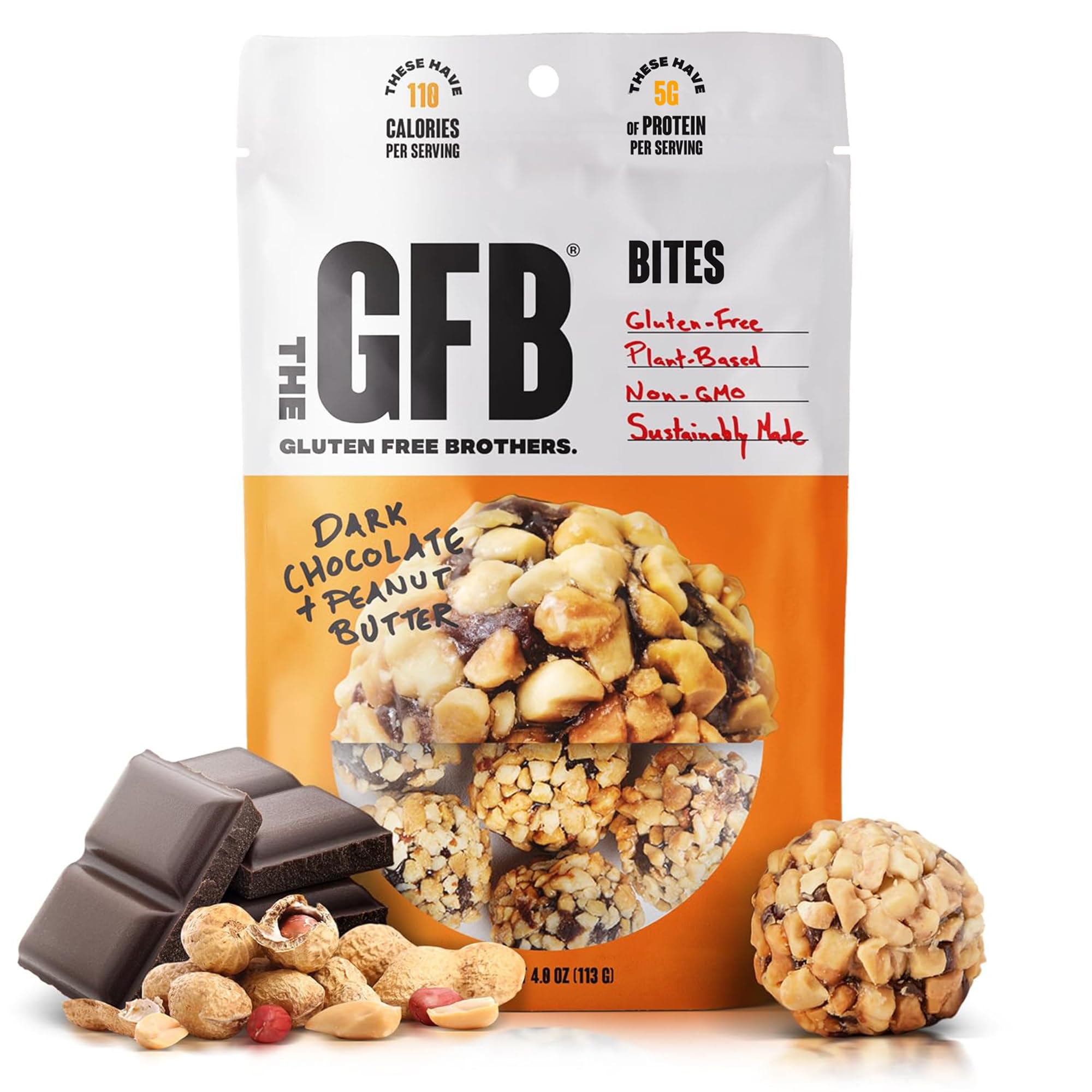 The GFB Dark Chocolate Peanut Butter Protein Bites - Gluten Free Protein Balls - Non GMO, Soy Free, Vegan - Snack Size Plant Based Energy Balls, 4 oz (1 Count)