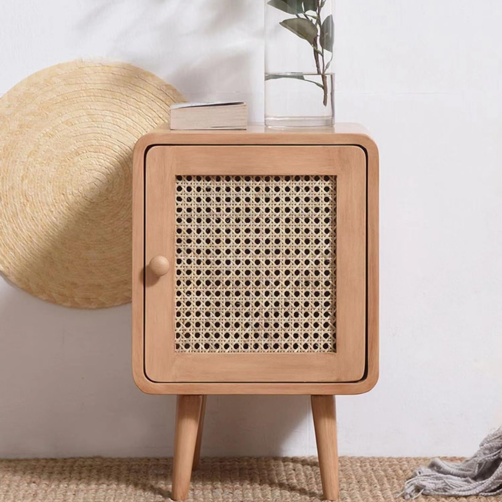 Comodino In Stile Rustico, Tavolino con Dettagli In Rattan per Camera da Letto Dormitorio e Piccoli Spazi(Natural)