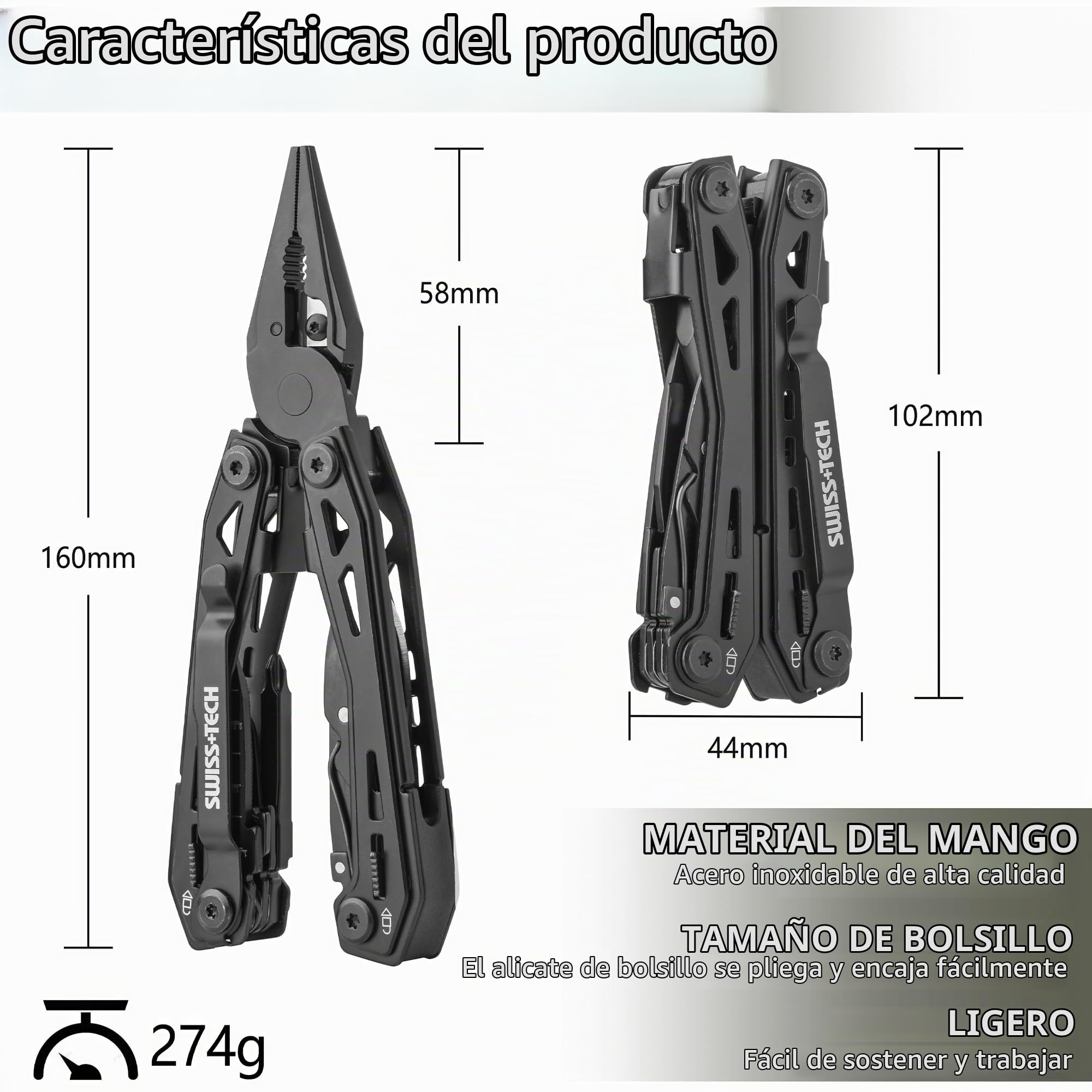 Swiss+Tech Alicate Multiherramienta 16 en 1, Negro | Herramienta Multifuncional de Acero Inoxidable con Sierra, Destornillador, Lima y Navaja Multiusos para Camping y Senderismo