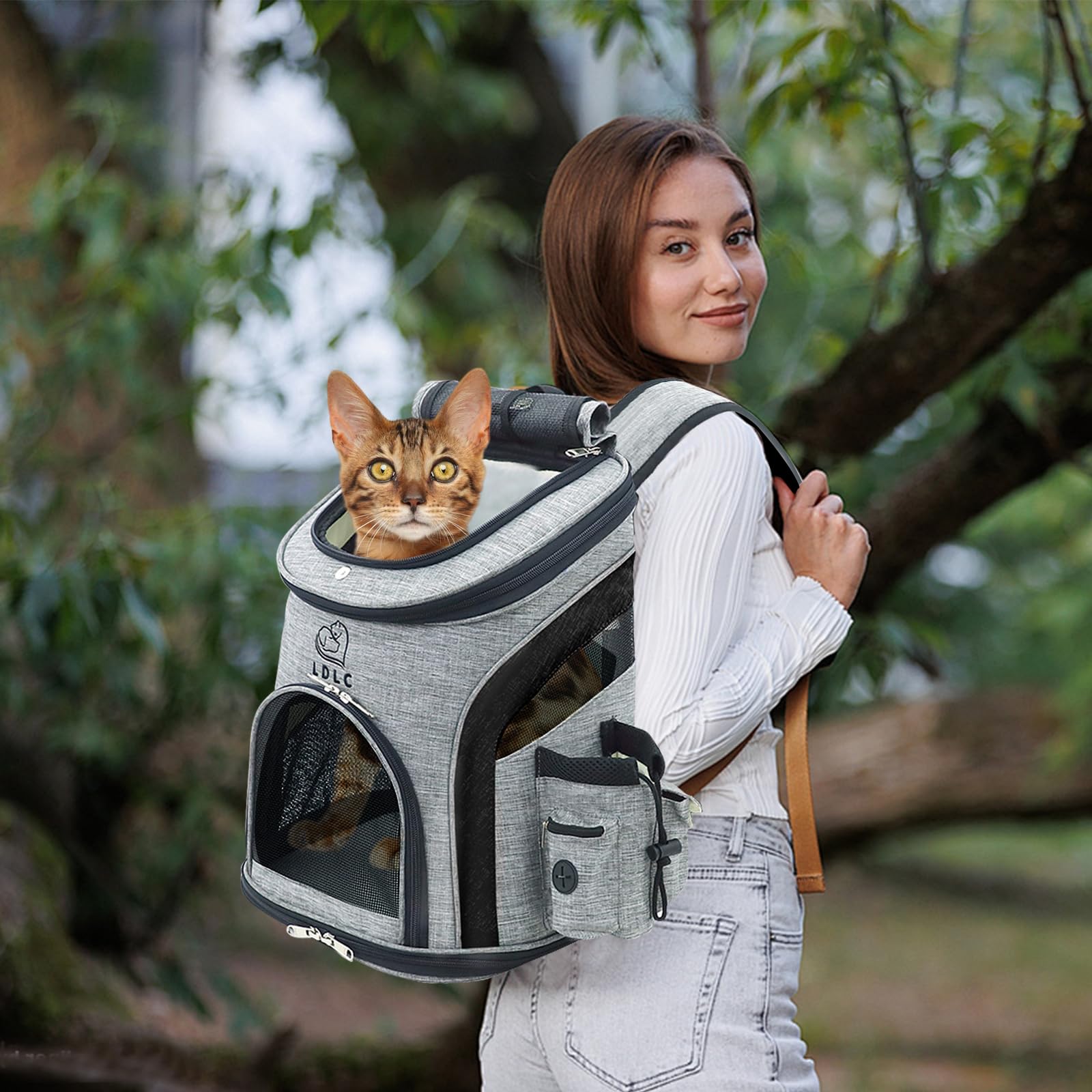 PETCUTE Zaino per Cani Traspirante,Borsa Trasportino Gatti con Cinturino di Sicurezza,Zaini Trasporto Cane Portatile con Tasche Laterali,Regolabile Zaino Gatto per Viaggio Campeggio