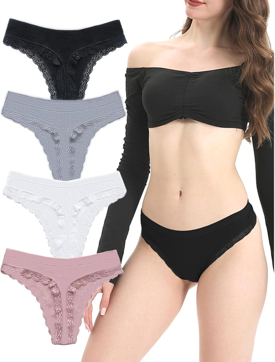 Cotton Thongs for Women,T Back Seamless Thongs Low Rise Underwear with Thick Band 4 Pack