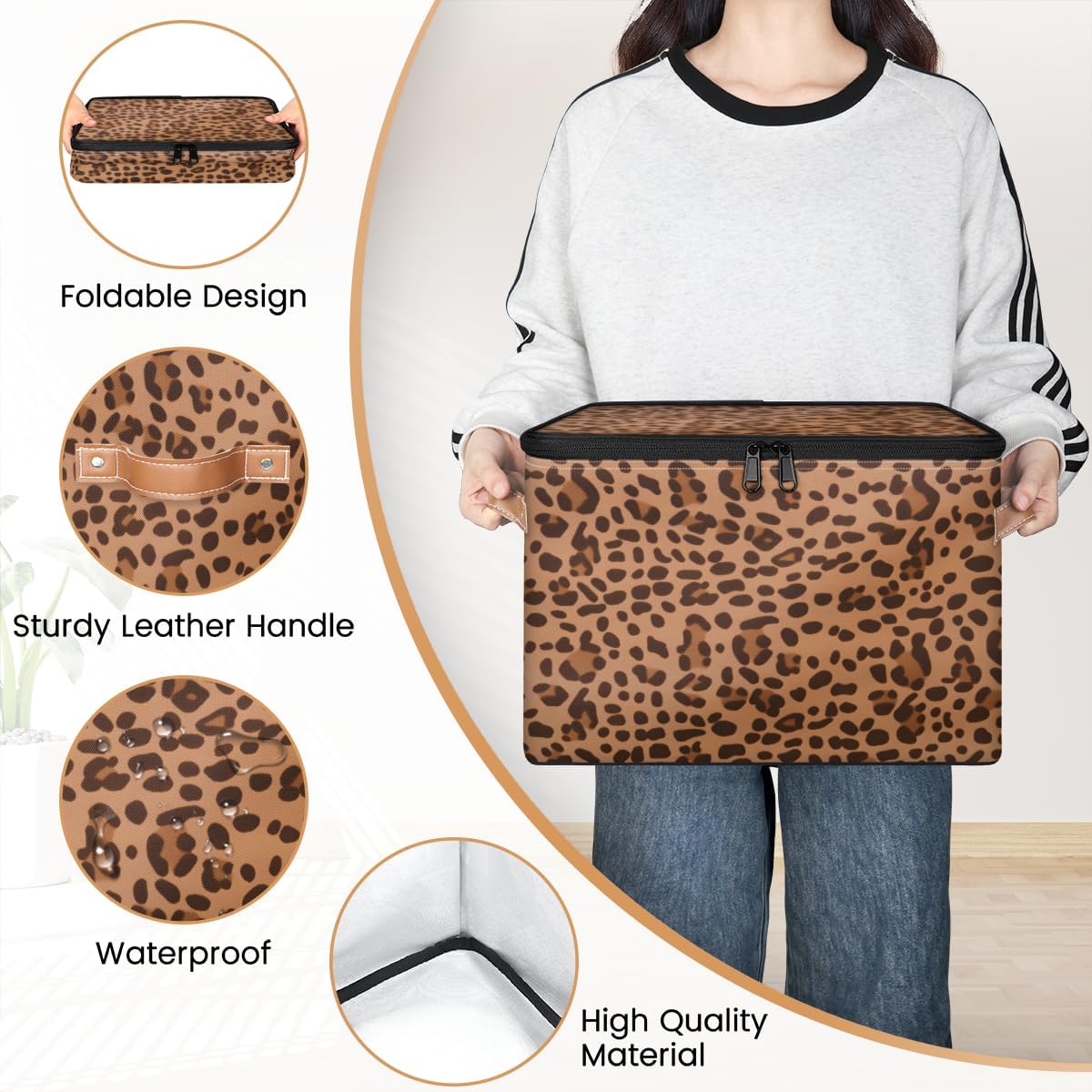 Storage Bin Set of 2 Animal Print Storage Basket with Zipper Lid & Handle Foldable Closet Shelf 2 Pack Cloth Organizer Basket Cube Bins Clothes Organizer for Bedroom, Nursery