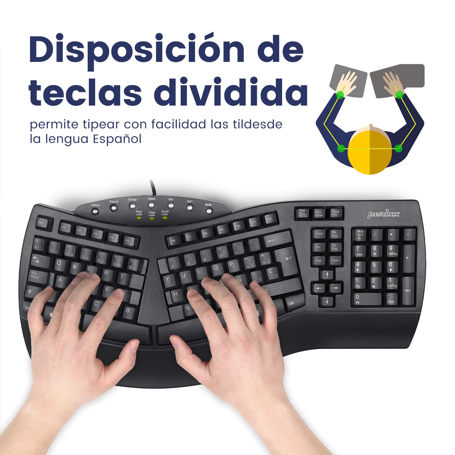 Perixx PERIBOARD-512 Teclado ergonómico Full Size con Cable USB - Diseño Dividido - Negro - QWERTY Español