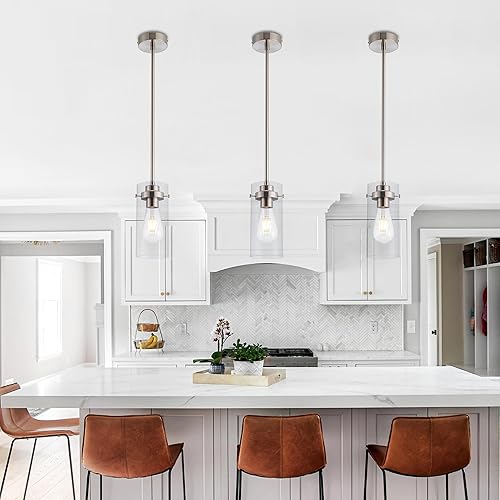 Miniatura 4 de Lámparas colgantes, acabado de níquel cepillado, luces de cocina de techo, luces colgantes de vidrio transparente, isla de cocina