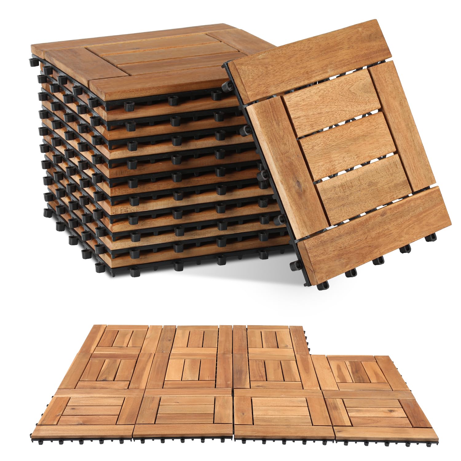 Juego de 11 baldosas de madera de acacia, 7 láminas para terraza, 30 x 30 cm – 1 m², baldosa para balcón, jardín, terraza, suelo, fácil de colocar y rápida