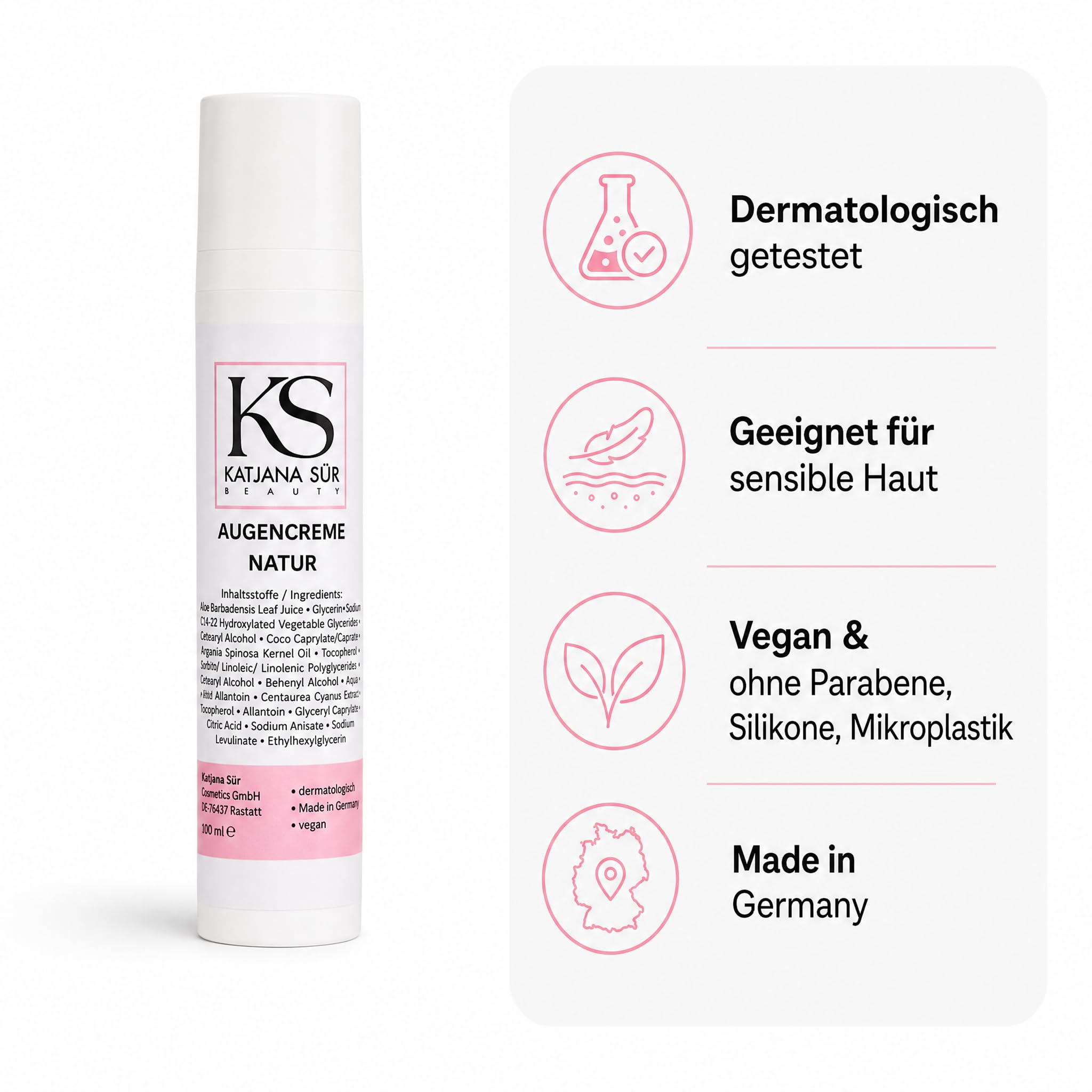 KS Beauty Augencreme Natur – Augenpflege mit Aloe Vera, Arganöl, Kornblumenextrakt, Glycerin & Vitamin E (100 ml)