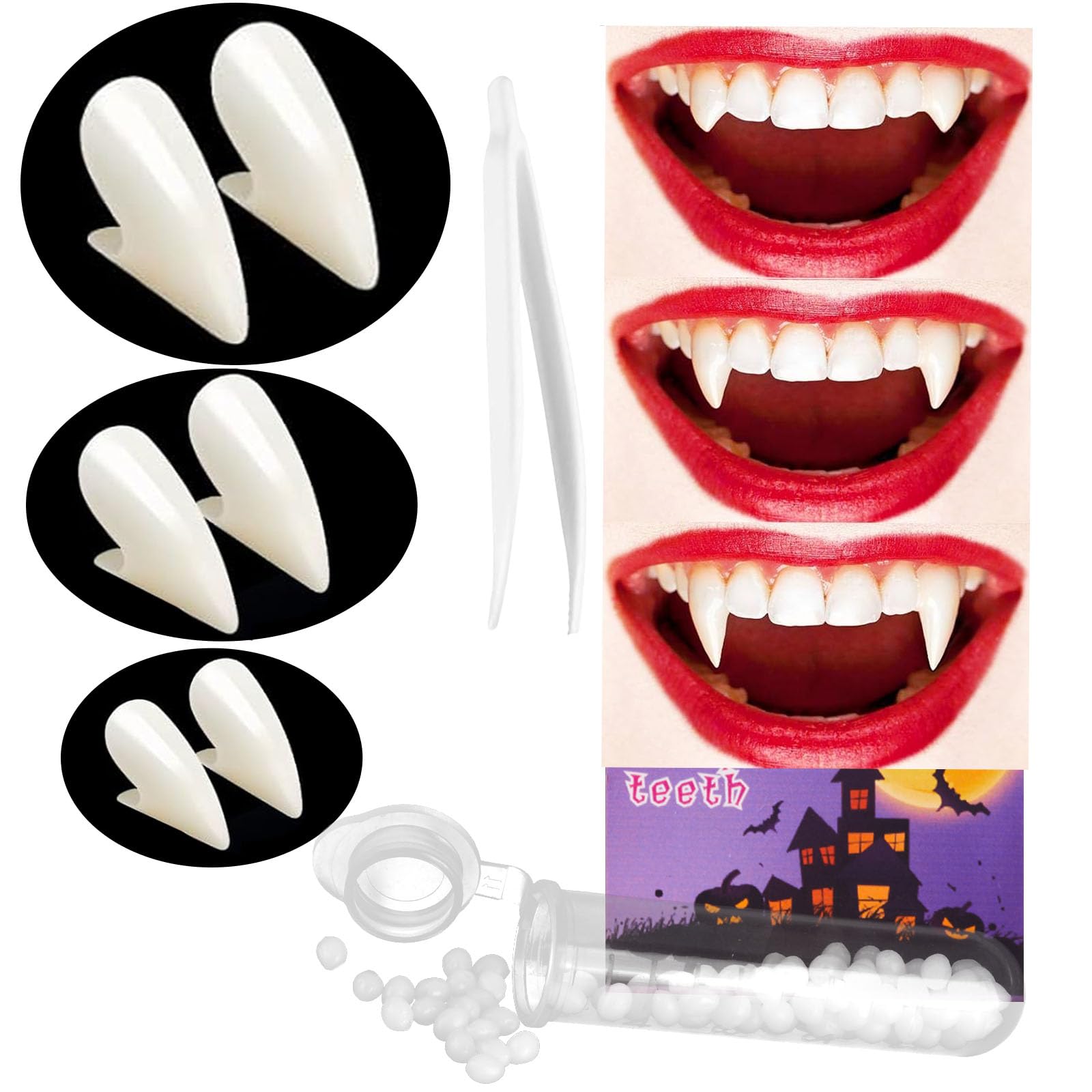TsuperUVampire Teeth Hallowee Fangs Kids Party Favors, Realistic Vampire Fangs Adult for Cosplay Werewolf Makeup Vampire Costume Accessorie, Horror Decorations Halloween Fake Fangs Teeth 3 Pairs with Glue