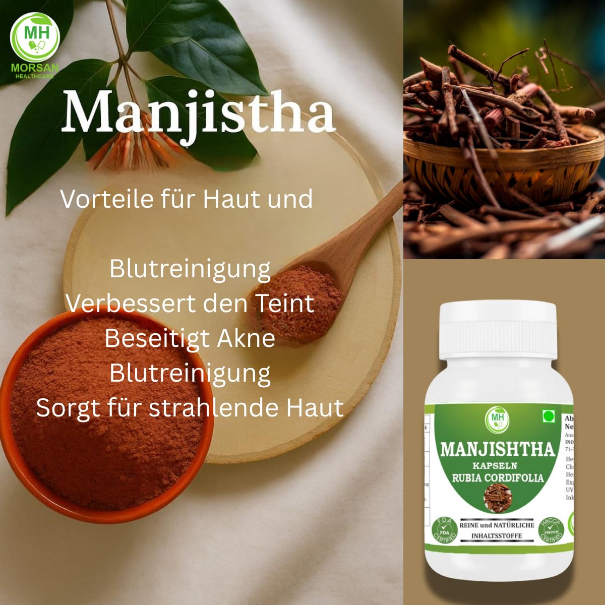 Manjistha Kapseln – Ayurveda Kräuterergänzung – Rubia Cordifolia Pulver – Pflanzlich, Vegan, Natürlich, 60 Kapseln (Packung mit 2) (2er - Pack)