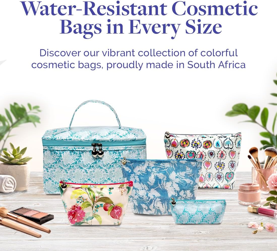 Jacaranda Living Medium Cosmetic Bag – Waterproof PVC-Lined Cosmetic & Toiletry Organizer, Zipper Pouch for Skincare, Makeup & Accessories, Floral Denim