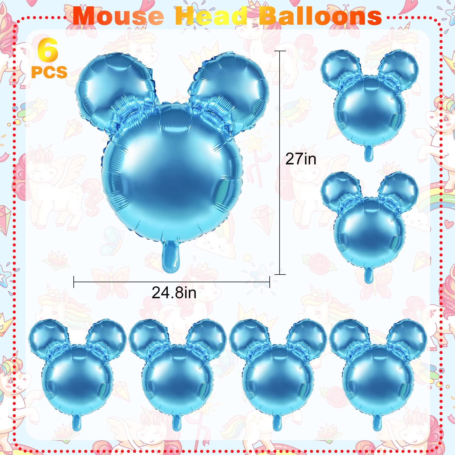 6 Pcs Mouse Head Balloons, 24'' Mouse Mylar Balloon Jumbo Mouse Head Aluminum Foil Balloons for Birthday Party Decorations Baby Shower Supplies Party Favors (Blue)