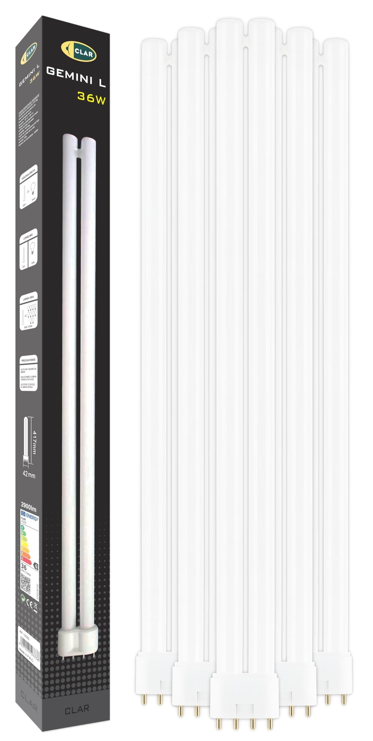 CLAR - Bombilla Fluorescente Gemini L 36W 4000K 2G11 Luz Blanca Neutra Tubo Recto Profesional Alto Flujo CFL Reemplazo Técnico Iluminación Interior Oficinas Laboratorios Cocina Industrial Precisa