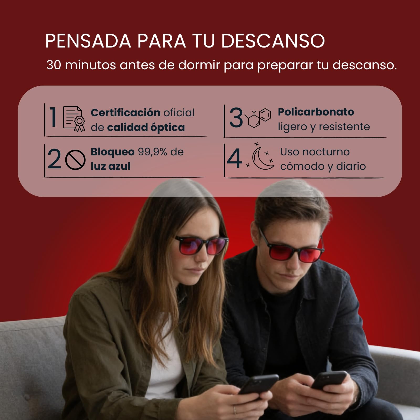 WELLBEINN Gafas Unisex Luz Roja | Filtro Luz Azul (400-500nm) y Verde (500-560nm) | Gafas para Uso Nocturno y Pantallas | Antifatiga Visual y Visión Nítida | Sueño Profundo y Reparador
