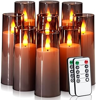 Amagic Grey Flameless Candles 9 Set, Battery Operated Candles with Remote Control and Timer, Flickering LED Pillar Candles for Home Halloween Decor, 3D Wick, Warm Yellow Light, D2.2 xH5 6" 7"