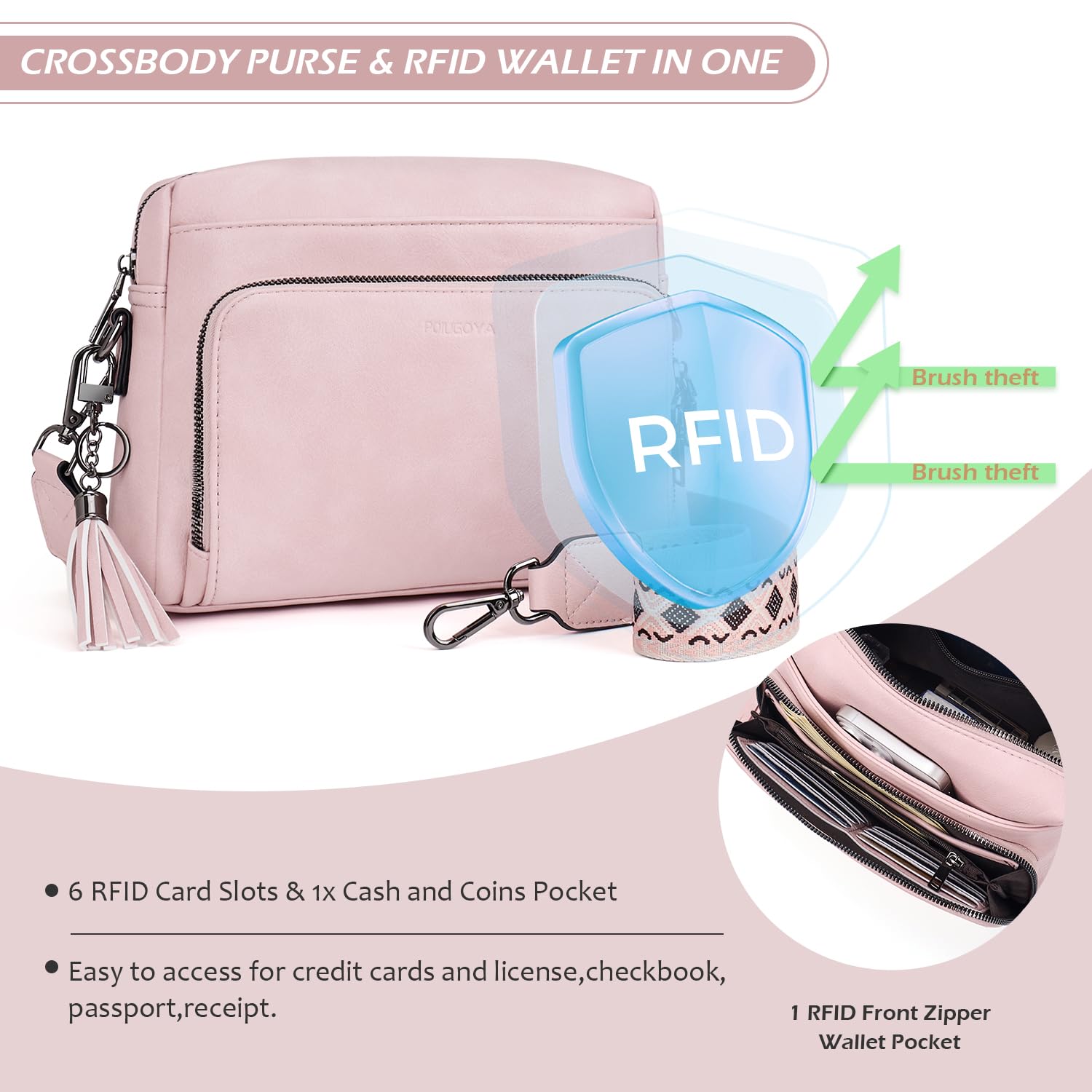 POIUGOYA Crossbody Purses for Women Trendy,Vegan Leather Medium Crossbody Bag,Women's Crossbody Travel Purse Built in Wallet: Retro Pink