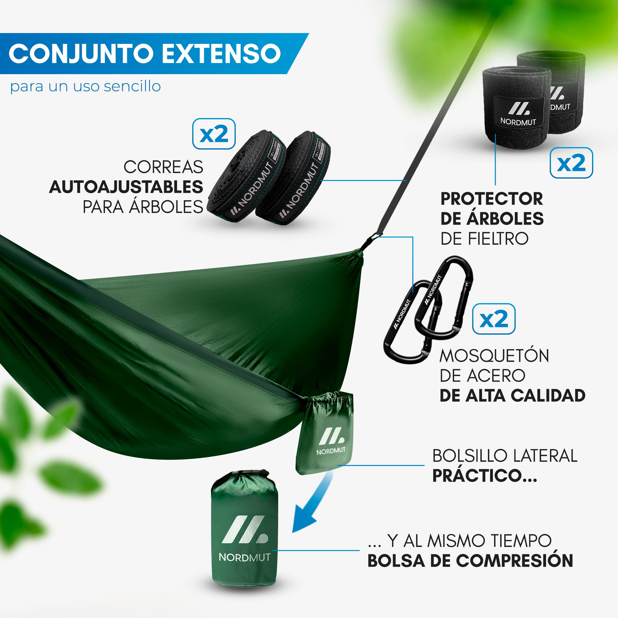 NORDMUT® Hamaca Ultraligera Outdoor [con Kit de Fijación] – Hamaca de Camping con Set de Protección de Árboles para Camping, Outdoor y Jardín – Carga Máxima 300 kg (Verde / 140 x 275 cm)
