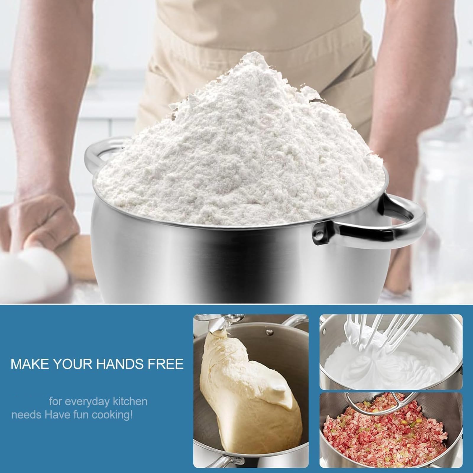 Frullatore Elettrico e tritacarne da Cucina, in Acciaio Inox, Regolazione a 8 velocità, con tritacarne, Asta di mescolamento, Asta di Impasto